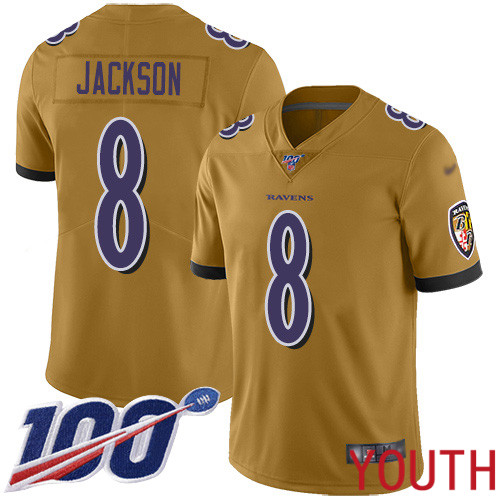 Baltimore Ravens Limited Gold Youth Lamar Jackson Jersey NFL Football #8 100th Season Inverted Legend